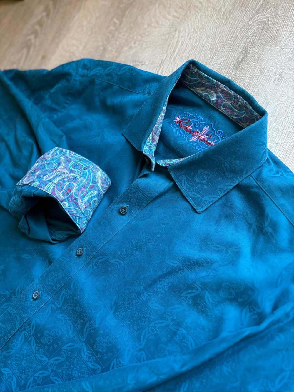 Robert Graham Teal Paisley Men’s Button Down Dress Shirt Classic Fit size Large
